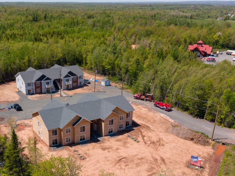 Aerial view of the Creamery Landing multi-unit construction site beside the highway in Tatamagouche
