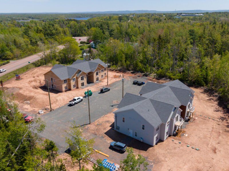 Two multi-unit buildings on the Creamery Landing site in Tatamagouche, seen from above