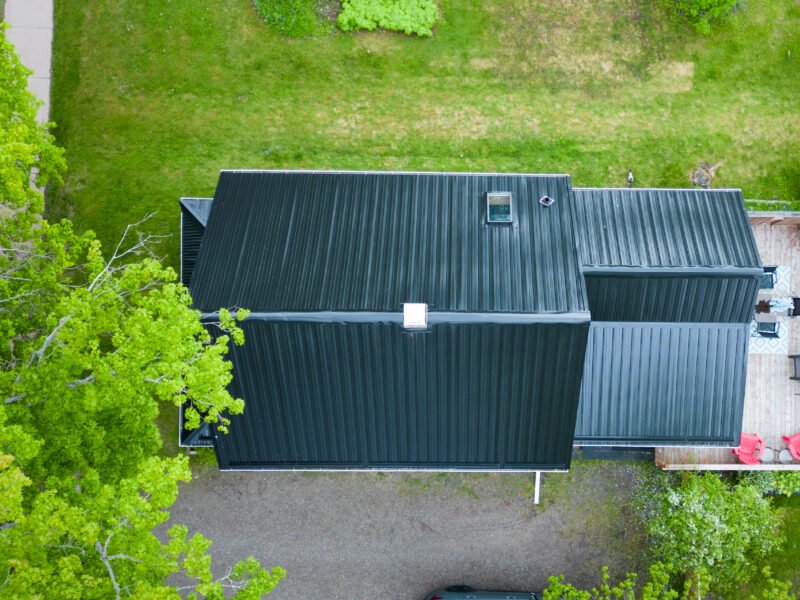 Overhead view of a new metal roof and back deck on a home in Truro, Nova Scotia